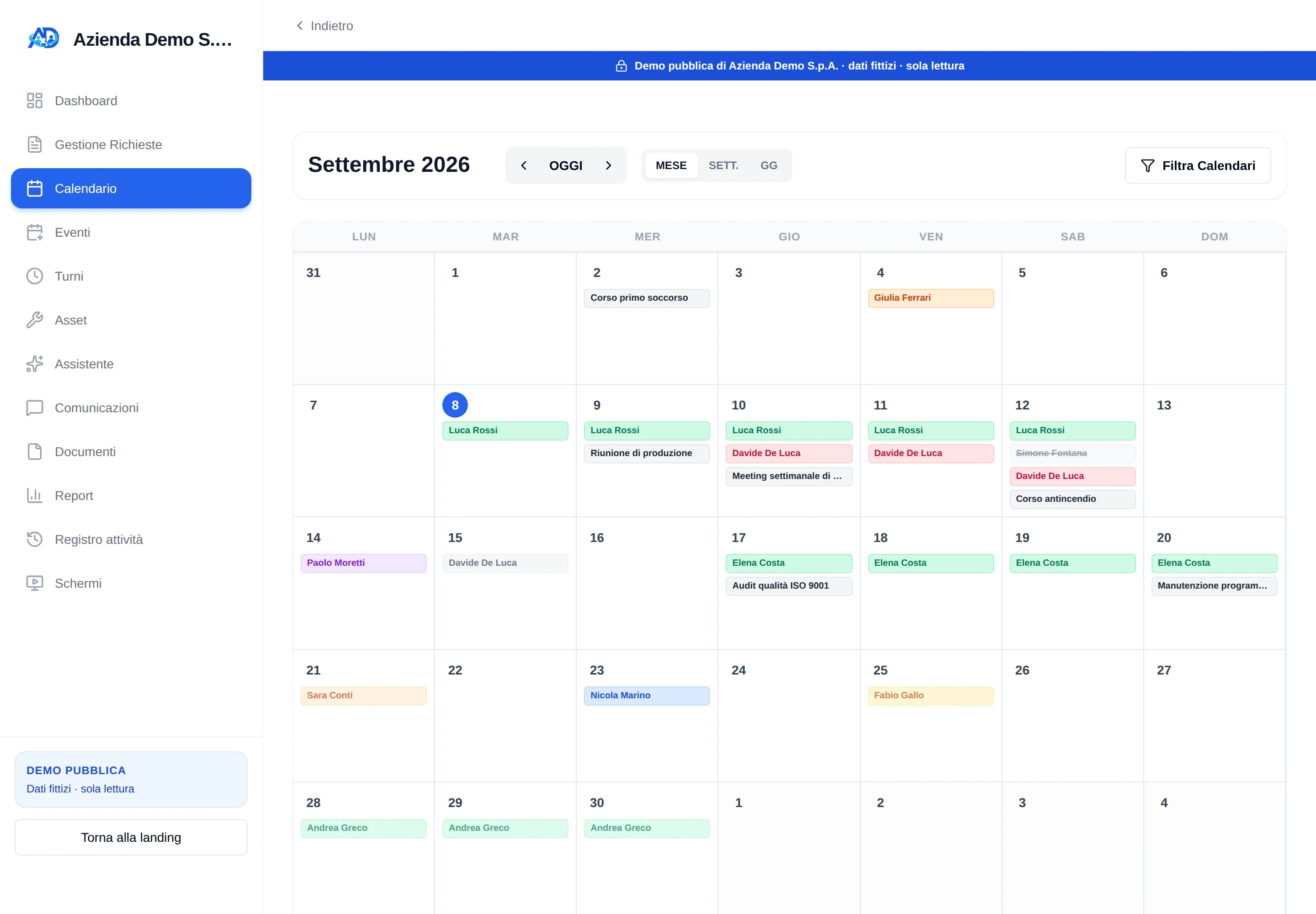 HumanDesk calendar with company events and team leave in the same month