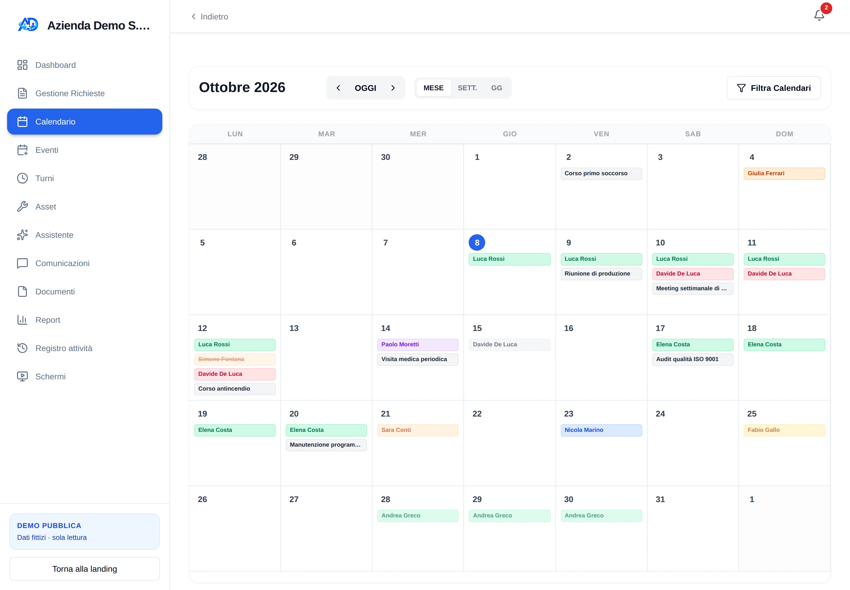 HumanDesk calendar with company events and team leave in the same month
