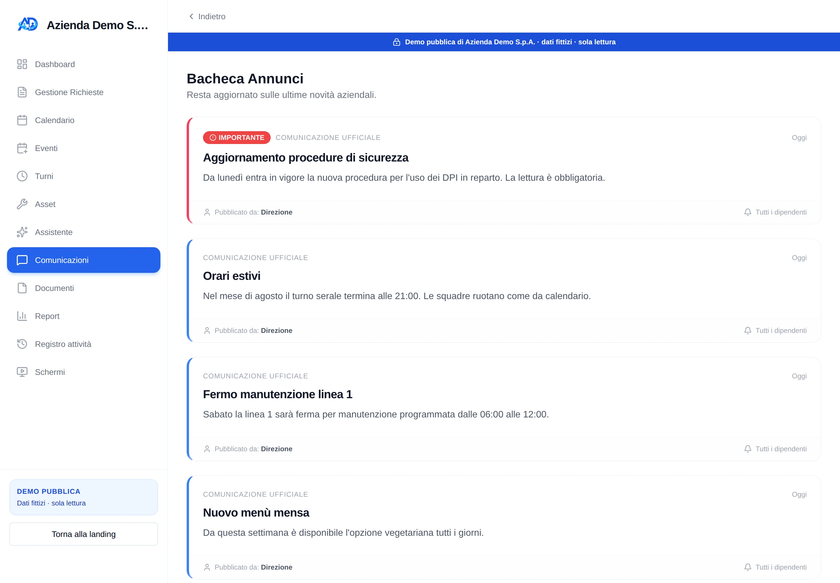 HumanDesk noticeboard with official company communications, author, date and priority