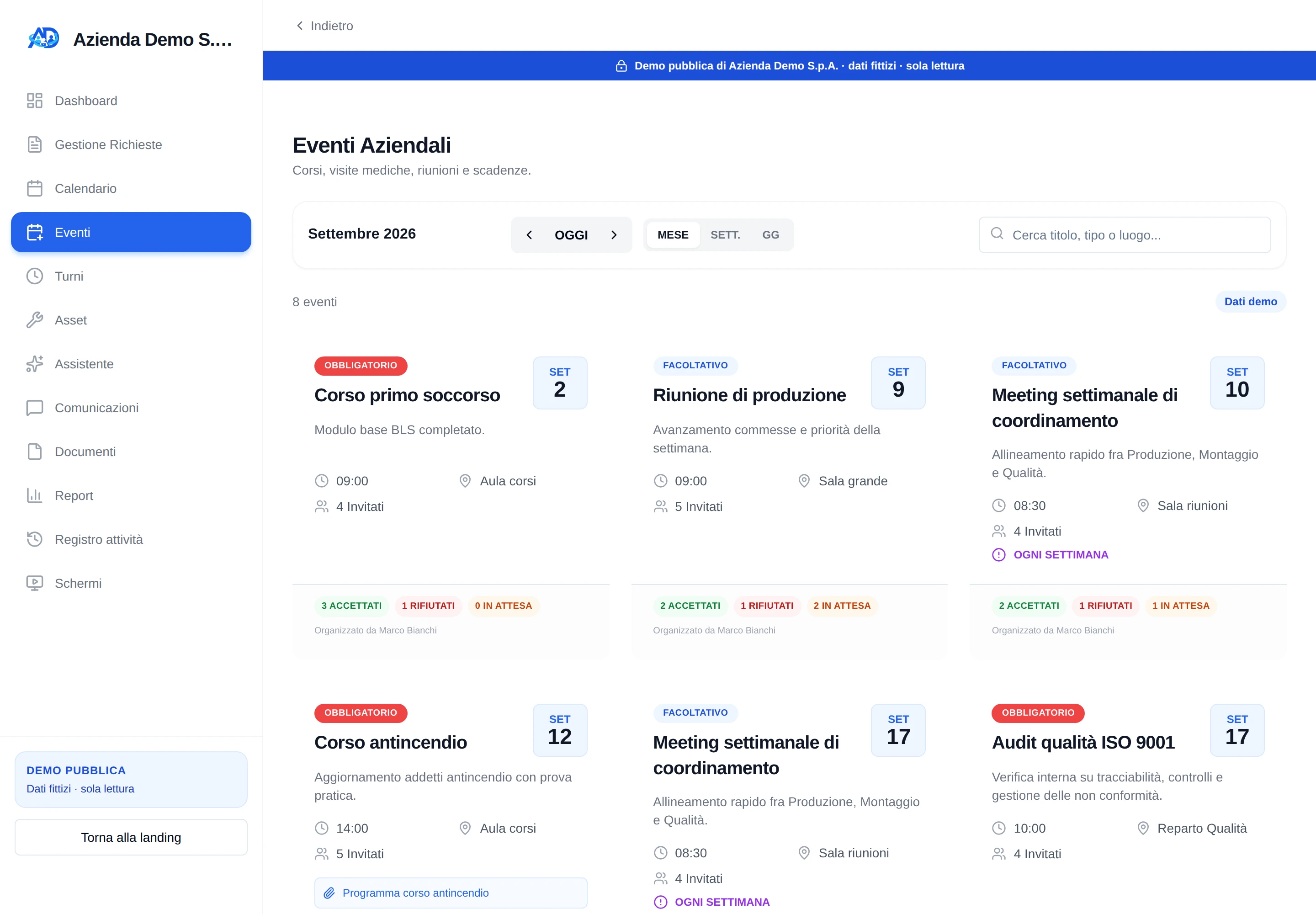 HumanDesk event list with training, meetings, audits, invitees and response status